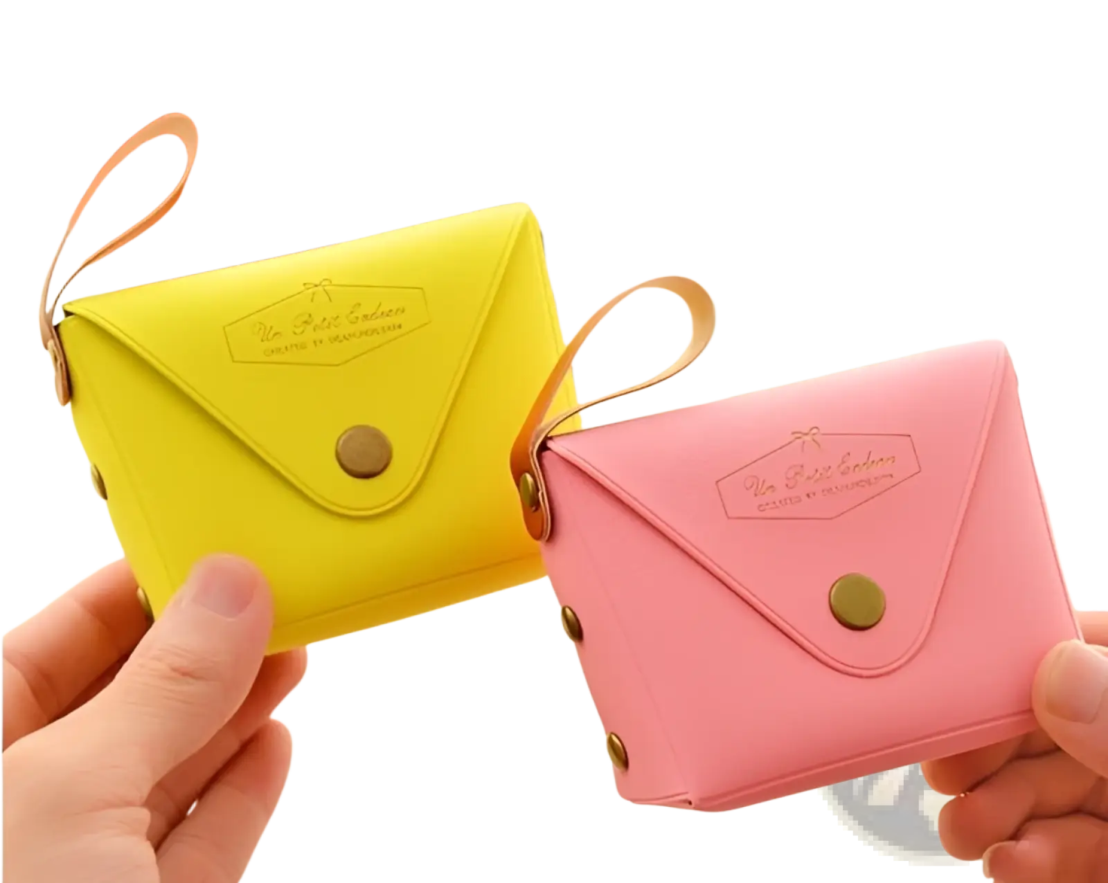 Macaron pastel leather and pvc coin purse set with pink and yellow faux leather envelope wallets and gold button closures