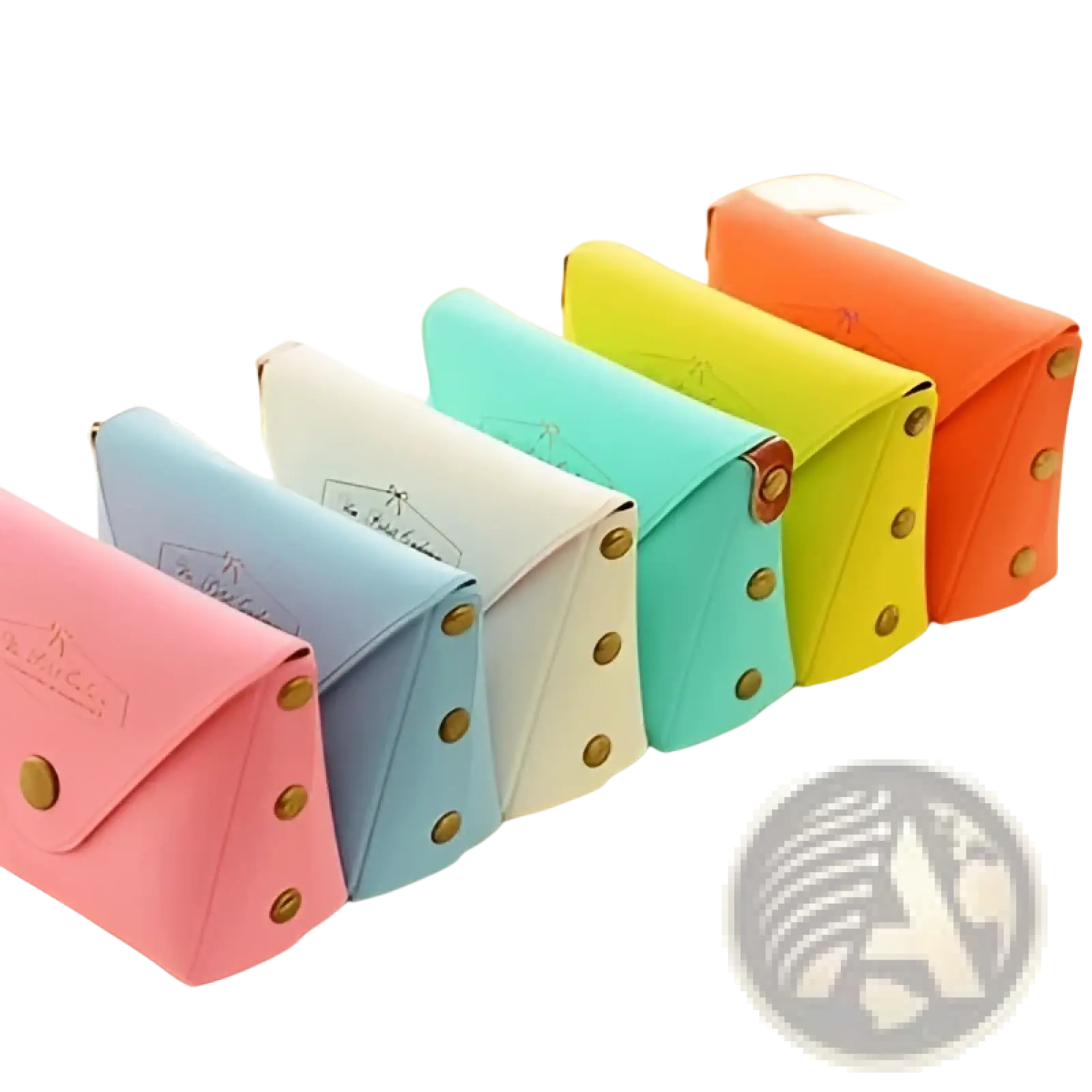A row of pastel-colored compact leather wallets with gold-tone button closures and embossed logos from the macaron pastel set