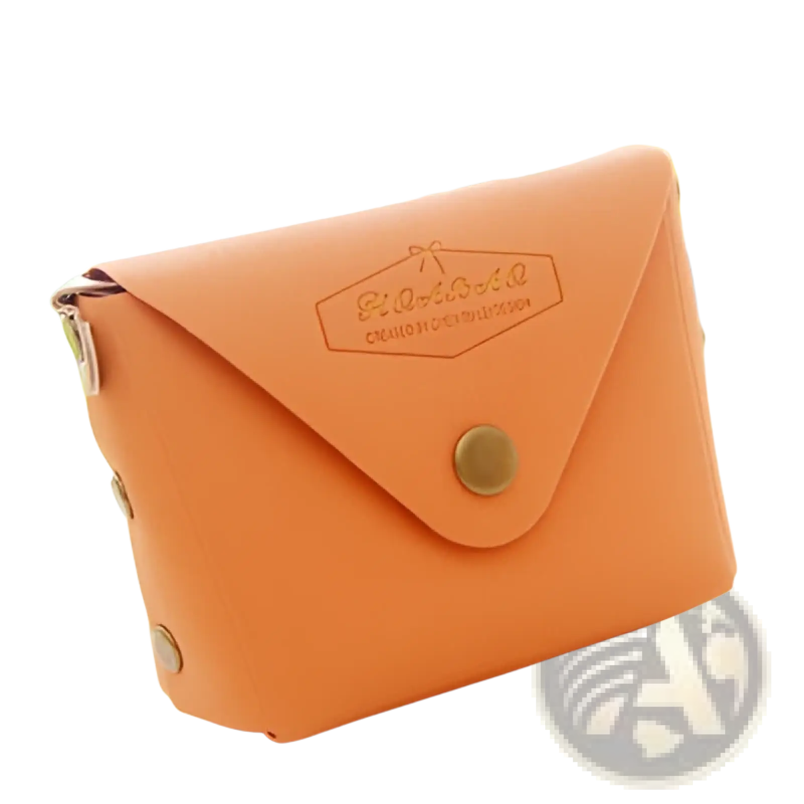 Orange leather envelope-style coin purse with gold-tone button closure and embossed branding from macaron pastel set