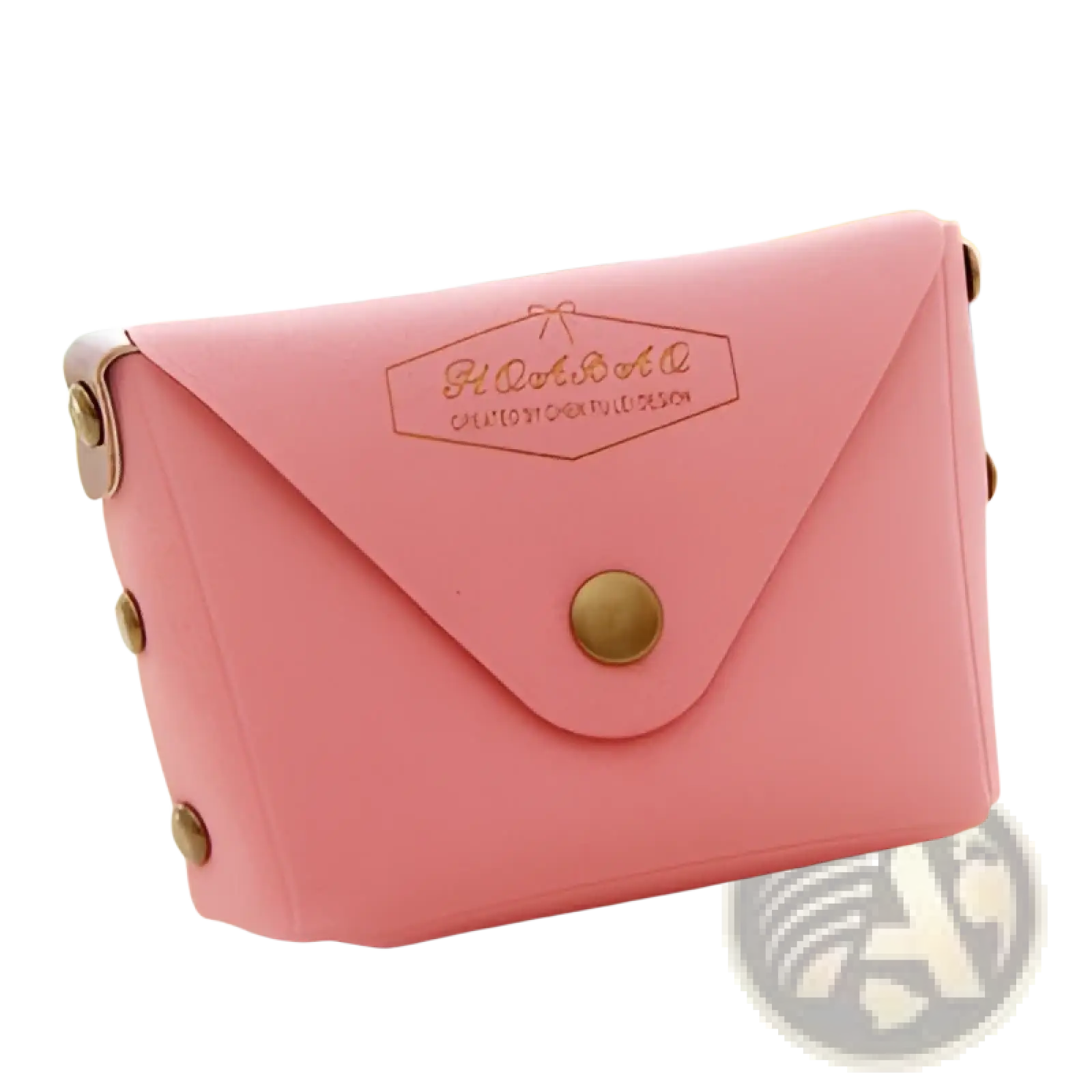 Pink envelope-style wallet made of soft fabric with gold-tone metal accents and embossed macaron pastel logo