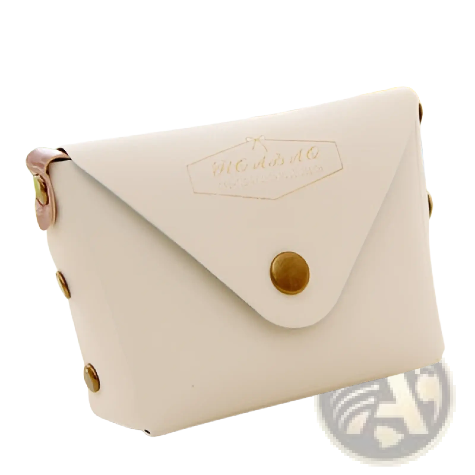 Cream-colored macaron pastel leather envelope wallet with gold metal accents and embossed logo in a coin purse set