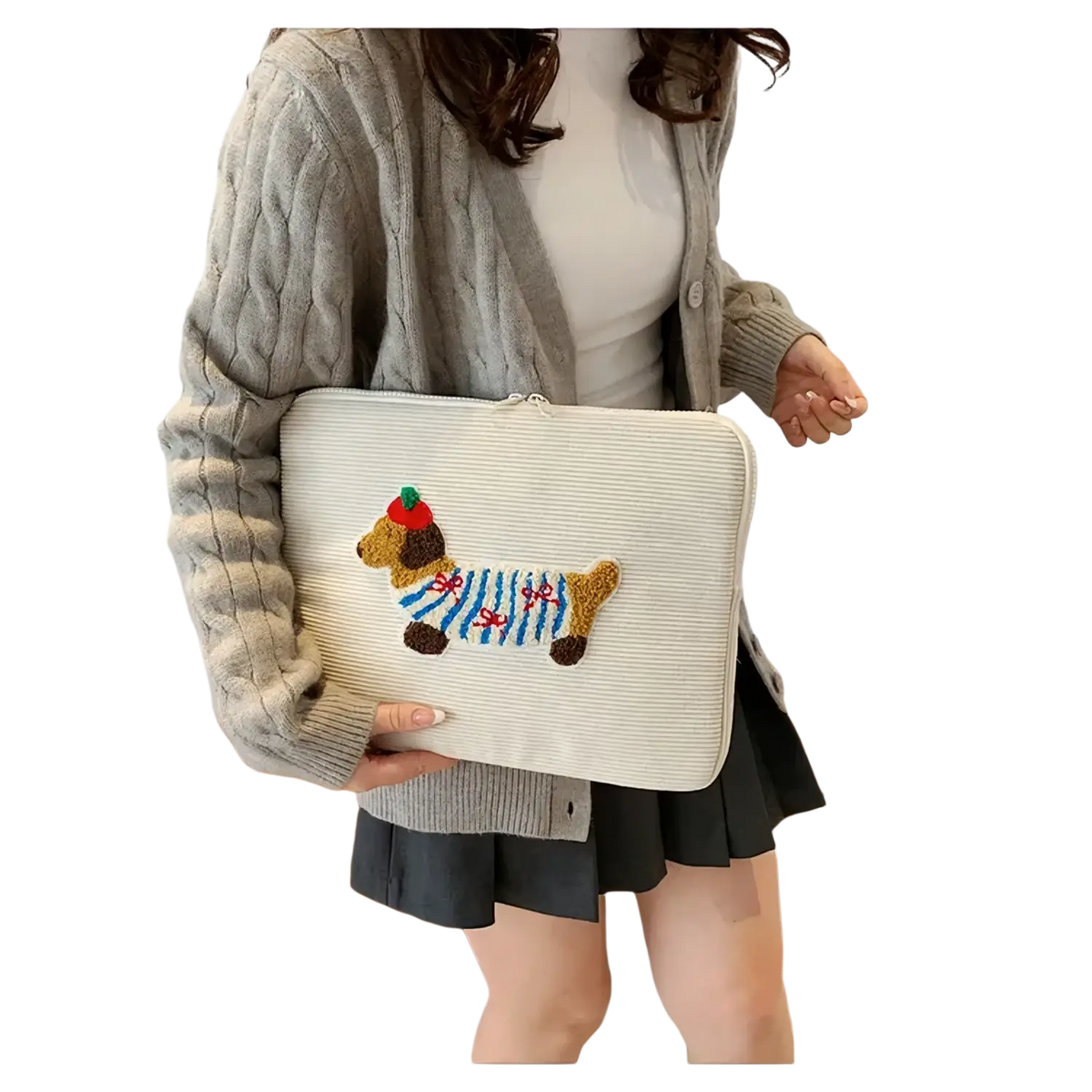 Beige corduroy macbook pro laptop sleeve with colorful embroidered dachshund wearing striped shirt and red hat