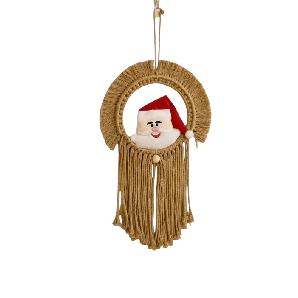 Beige macrame christmas wall hanging tapestry featuring a plush santa face with red hat and white beard framed by woven fringe