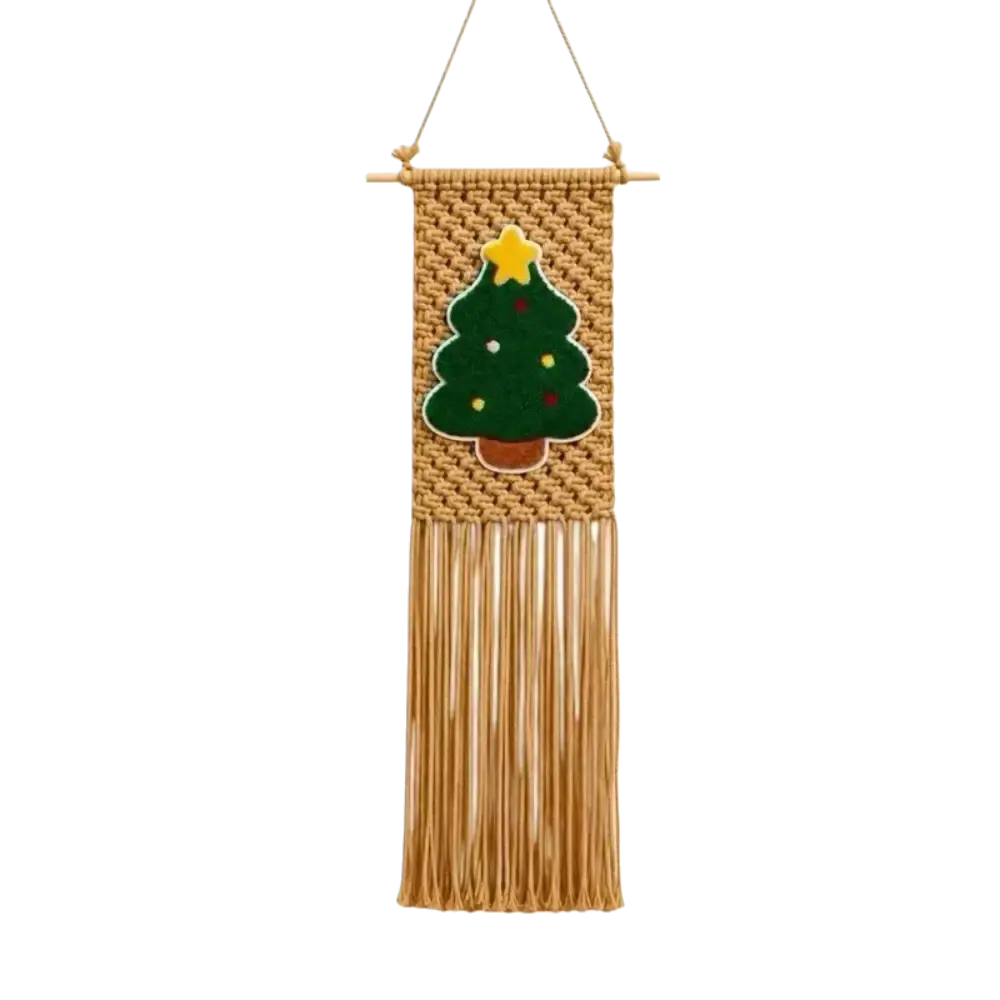 Beige macrame Christmas wall hanging tapestry featuring a green felt tree with yellow star and colorful ornaments