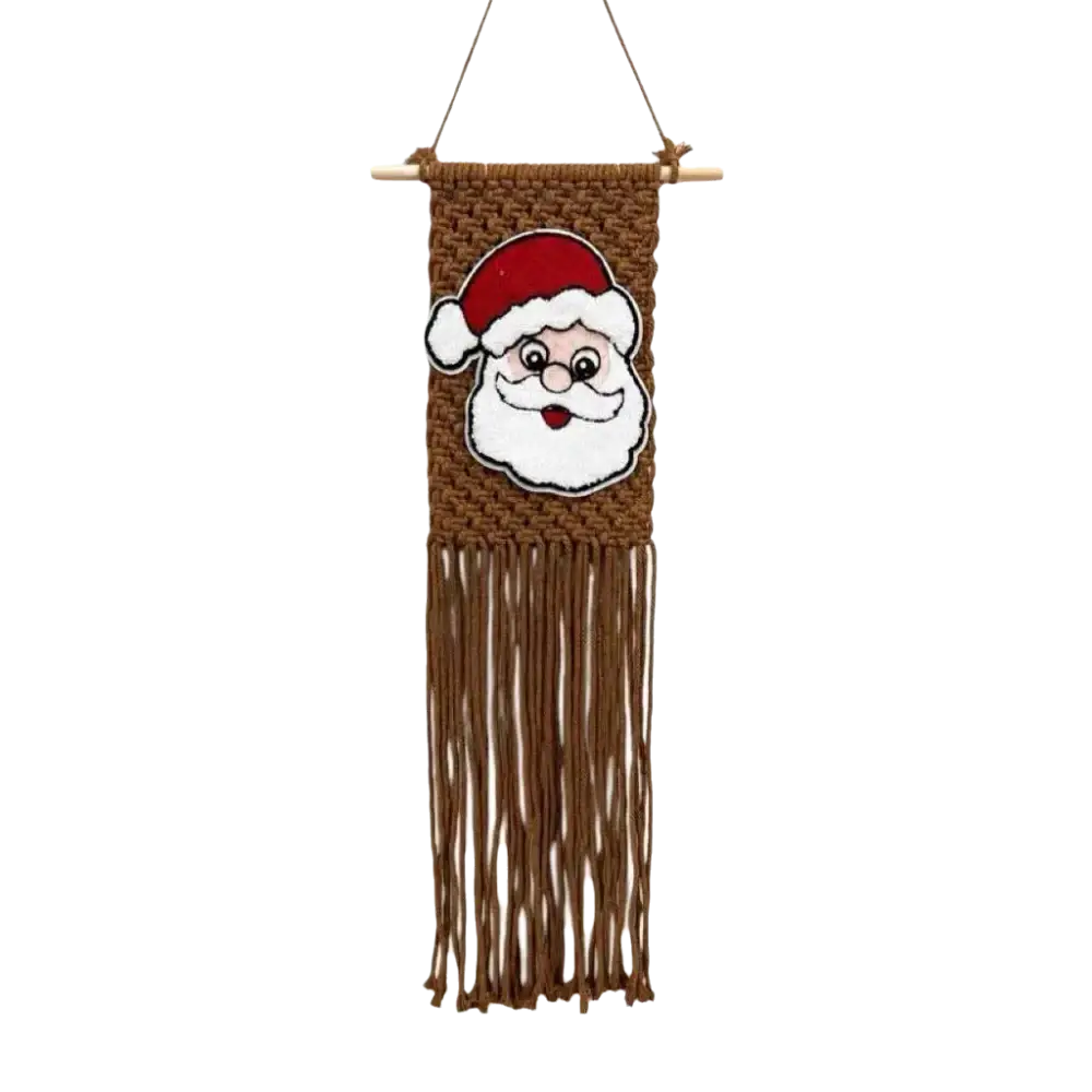 Brown macrame Christmas wall hanging tapestry featuring an embroidered Santa face with red hat and white beard fringe