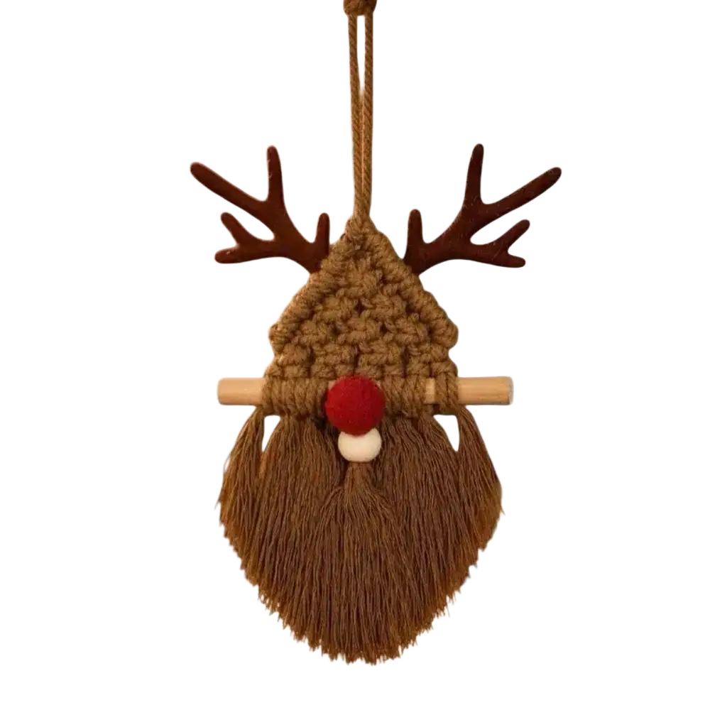 Brown crocheted reindeer ornament with antlers red nose and tassel beard for macrame christmas wall hanging tapestry