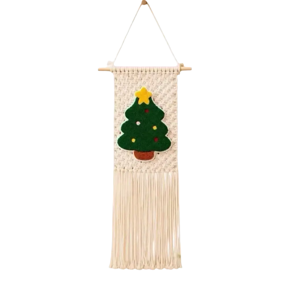 Cream-colored macrame Christmas wall hanging tapestry with green felt tree and yellow and red decorative dots topped by star