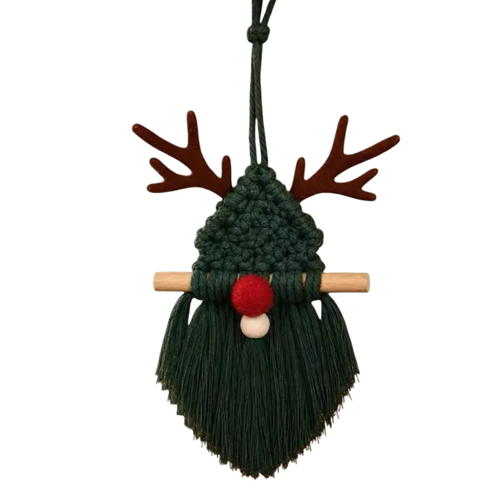 Dark green macrame reindeer ornament with brown antlers red nose and wooden stick mouth for christmas wall hanging tapestry