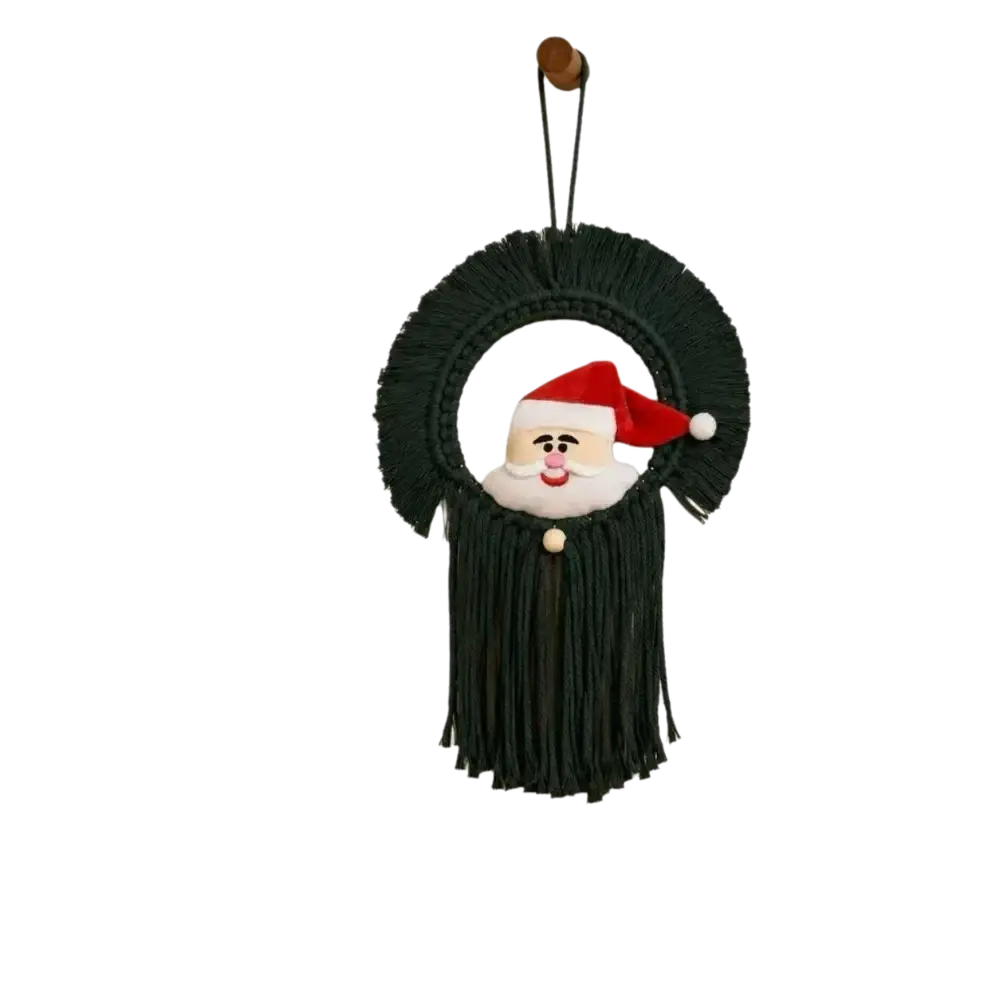 Dark green macrame Christmas wall hanging tapestry featuring santa claus wreath ornament with red hat and white beard