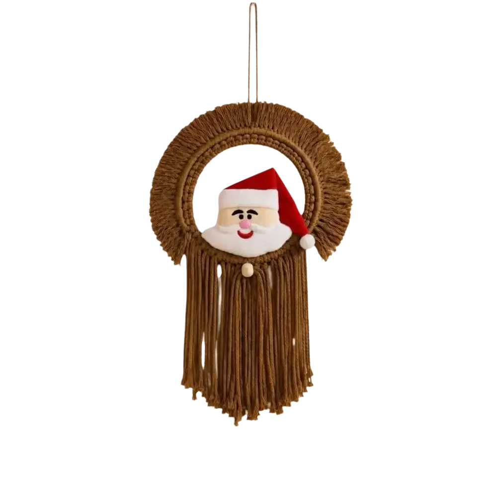 A festive brown macrame santa claus wreath ornament with a red hat white beard and hanging tassels wall hanging tapestry