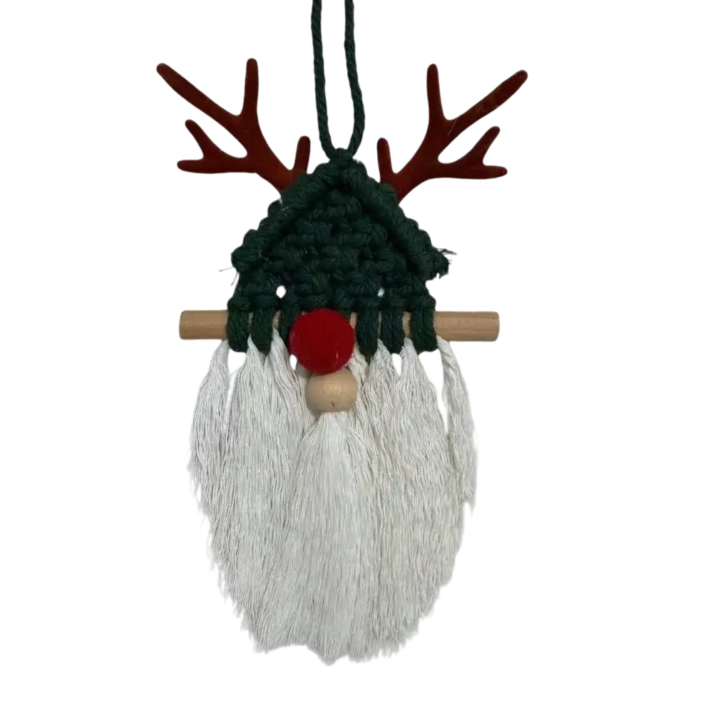 A festive macrame Christmas wall hanging tapestry featuring a dark green reindeer with red nose and white tassel beard