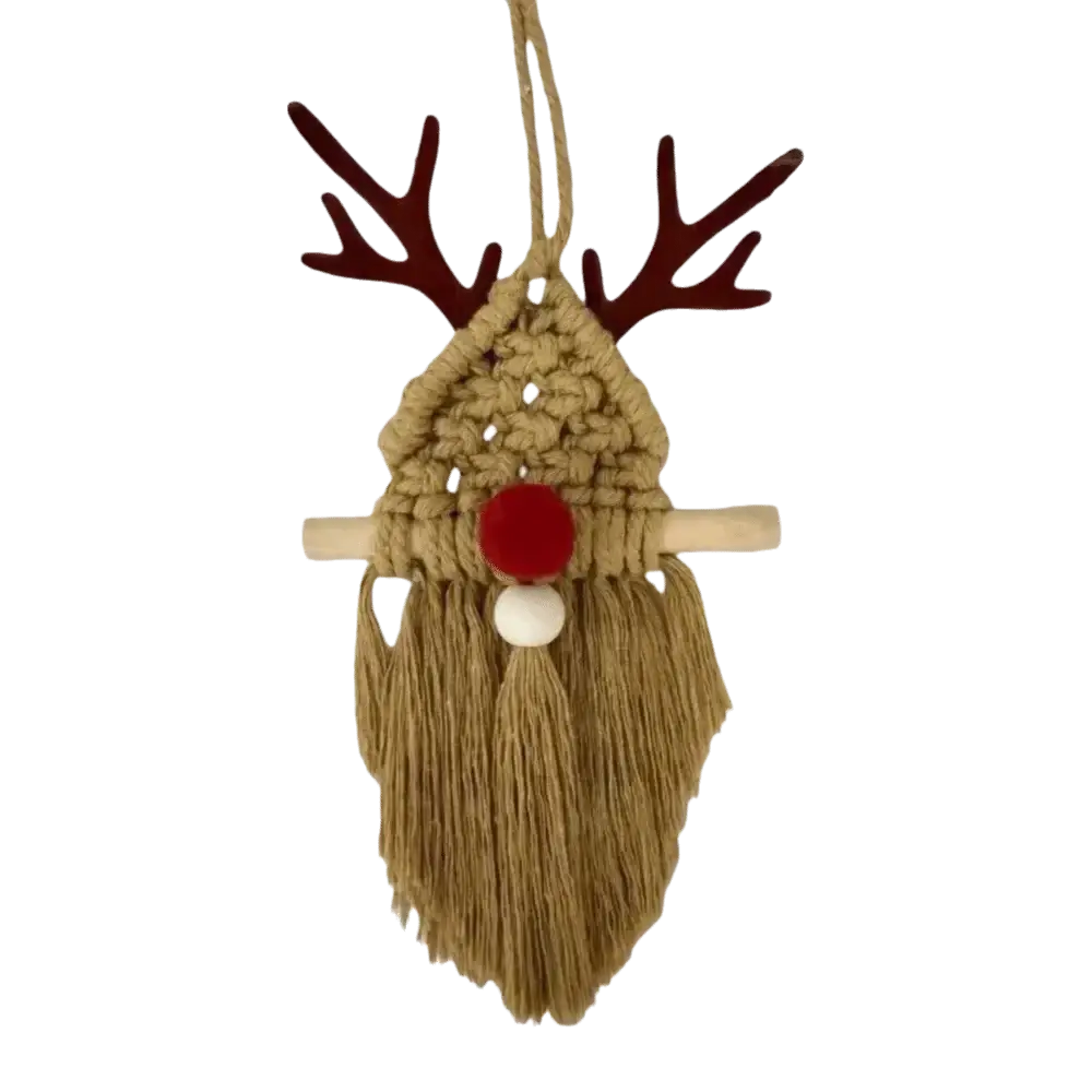 Handcrafted macrame Christmas wall hanging tapestry featuring a reindeer ornament with brown antlers and natural fiber yarn