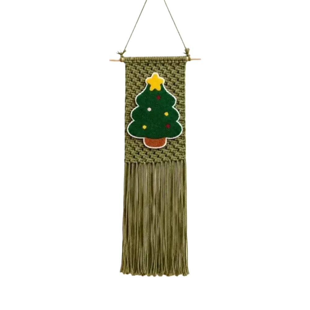 Olive green macrame christmas wall hanging tapestry featuring felt tree with yellow star and colorful ornaments