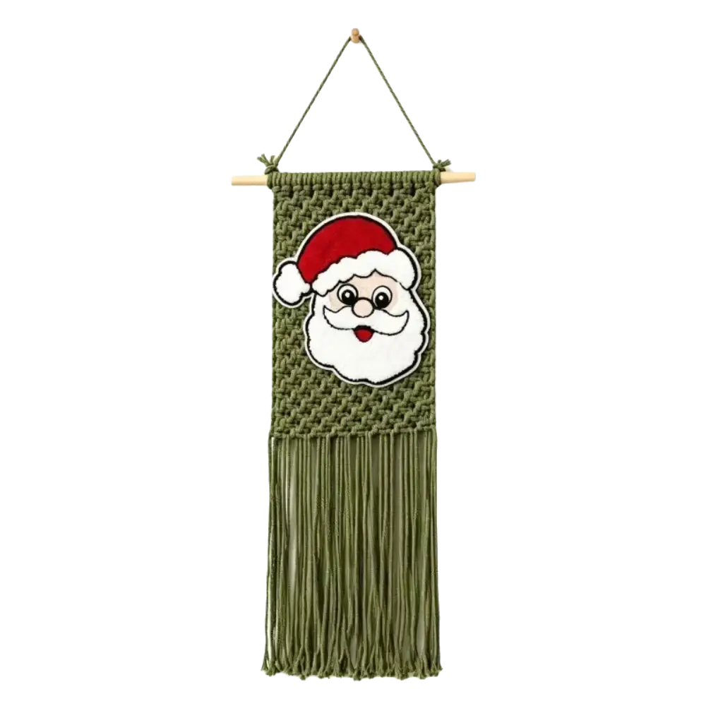 Olive green macrame christmas wall hanging tapestry with cheerful embroidered santa face and fringe detailing