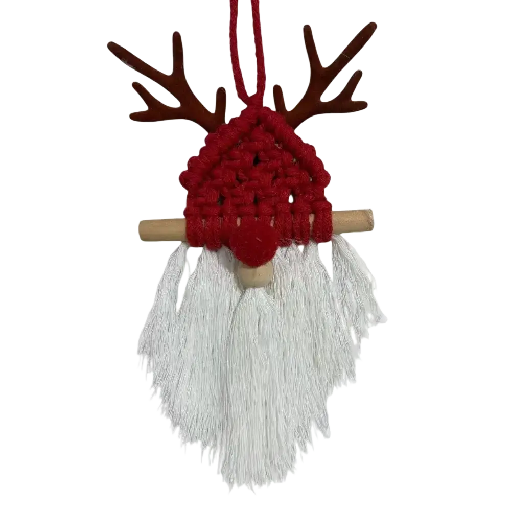 Red macrame Christmas wall hanging tapestry featuring a reindeer ornament with brown antlers and white tassel beard