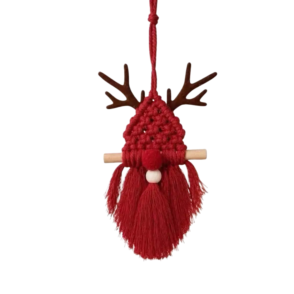 Red macrame Christmas wall hanging tapestry featuring a reindeer ornament with brown antlers and wooden nose