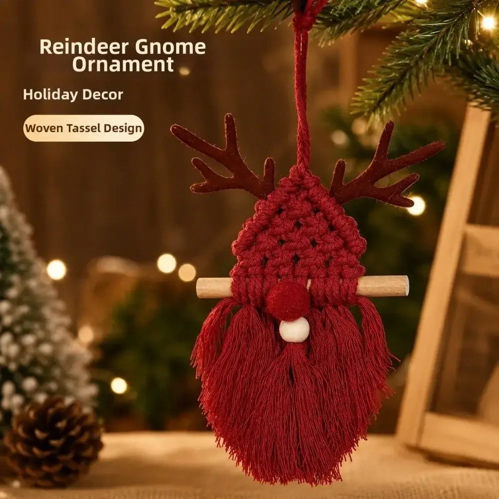 Red macrame Christmas wall hanging tapestry featuring a reindeer gnome ornament with wooden antlers and woven tassels