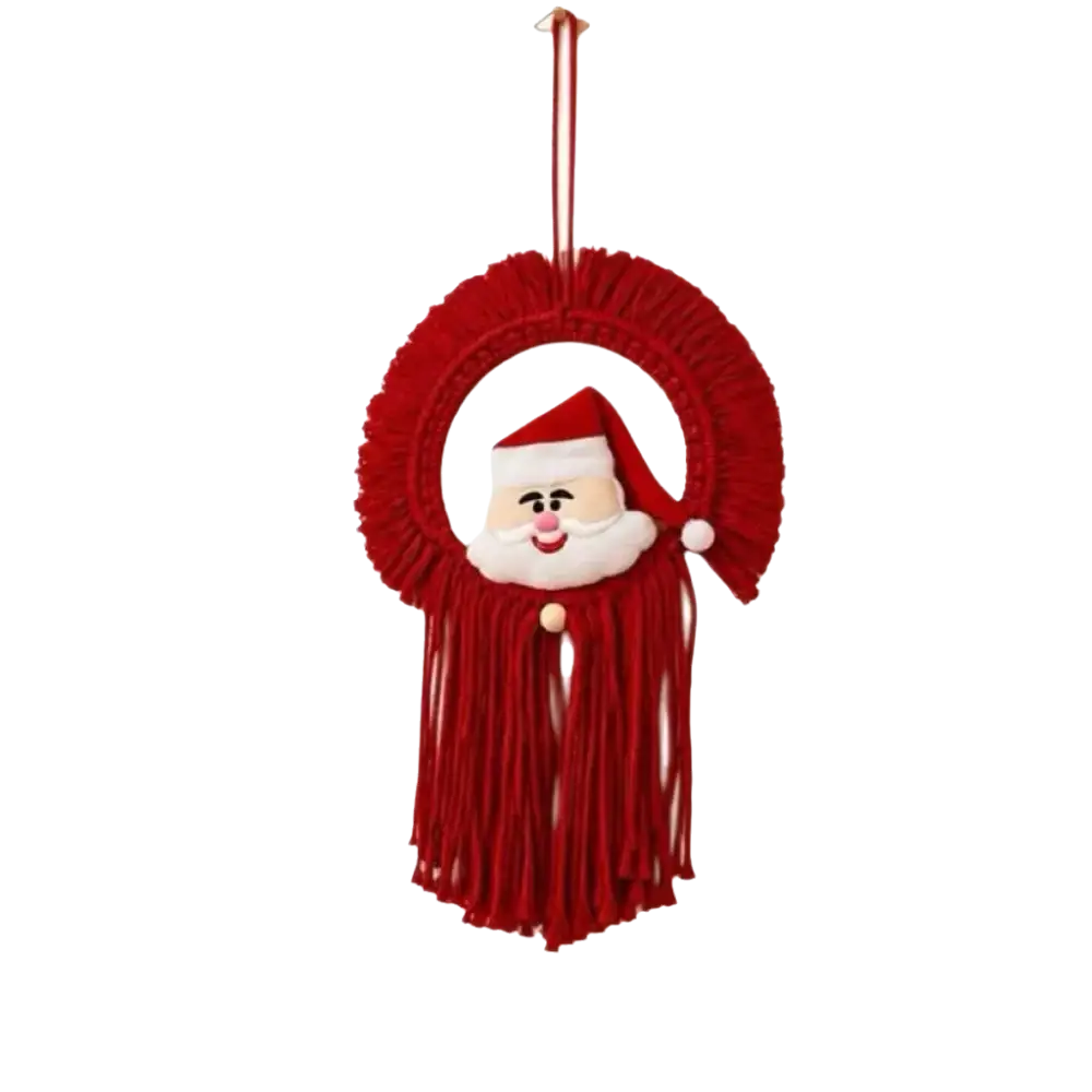 Red santa claus macrame christmas wall hanging tapestry with fringed tassel robe and circular wreath frame