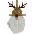 Macrame Christmas wall hanging tapestry featuring a tan woven reindeer ornament with brown antlers and red nose bead