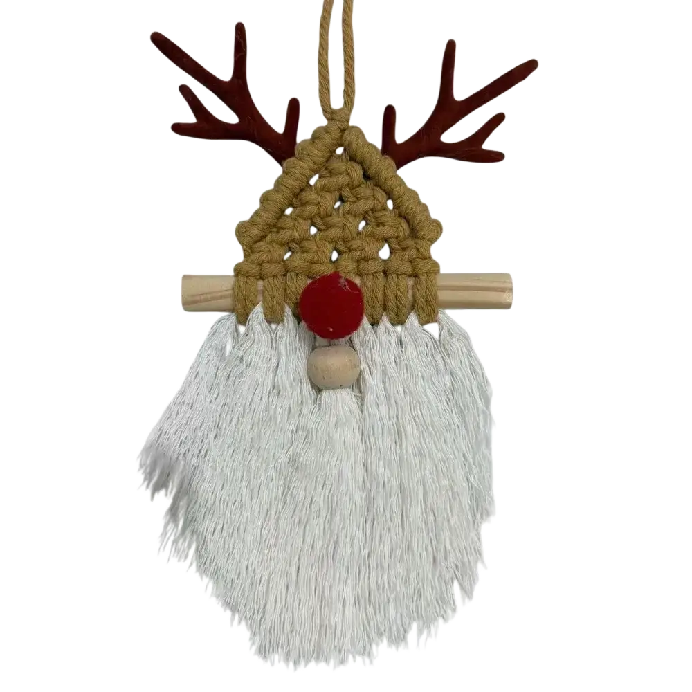 Macrame Christmas wall hanging tapestry featuring a tan woven reindeer ornament with brown antlers and red nose bead