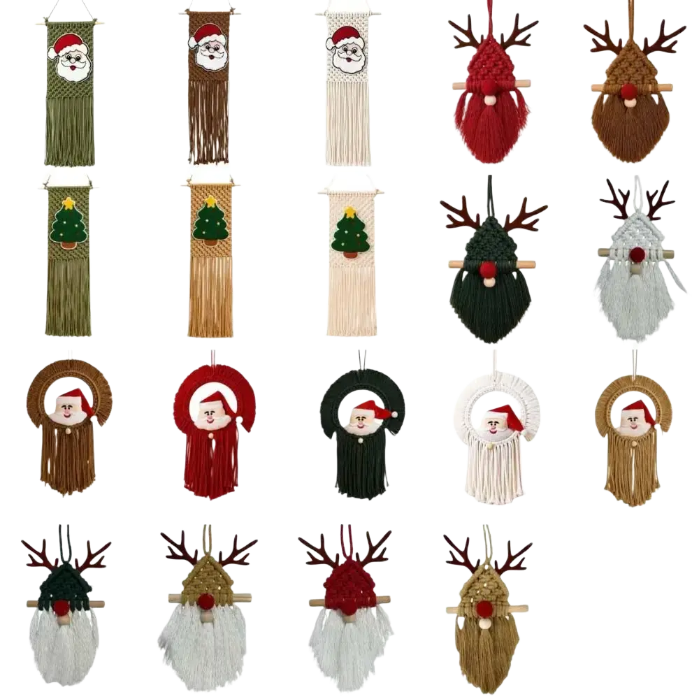 Macrame Christmas wall hanging tapestry featuring santa and reindeer designs in green red brown beige black white and gold