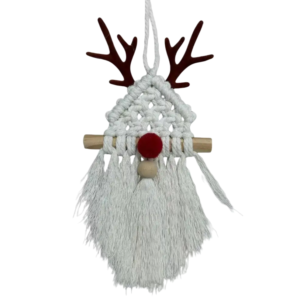 White macrame Christmas wall hanging tapestry featuring a reindeer ornament with brown antlers and red pom-pom nose