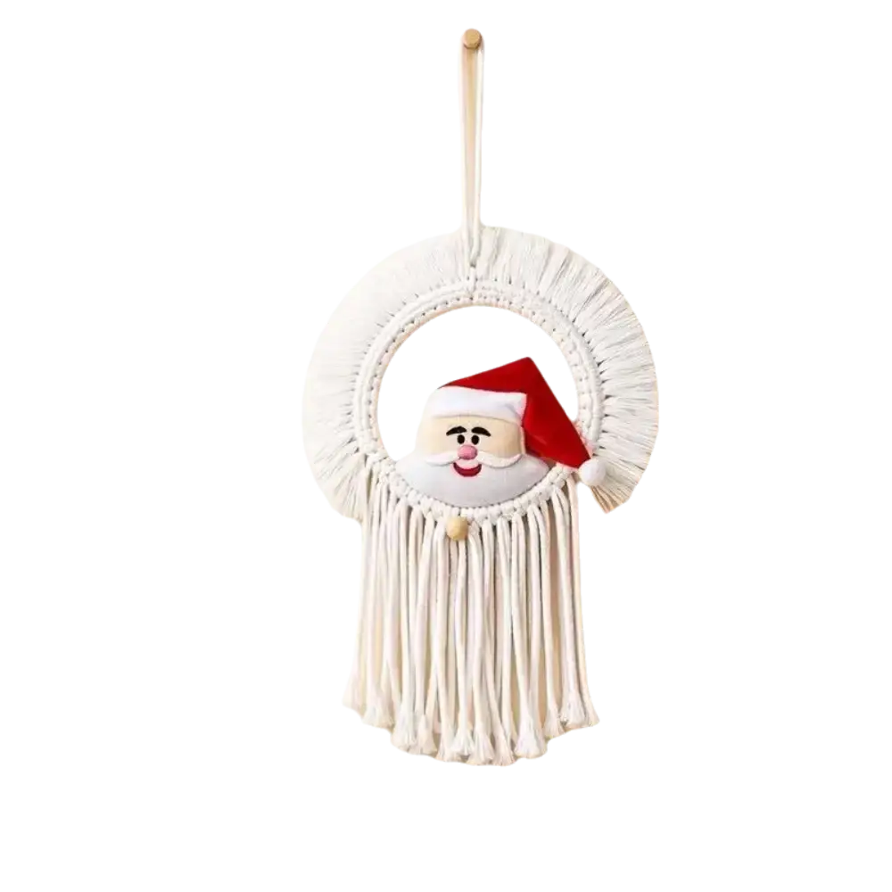 White macrame Christmas wall hanging tapestry of Santa Claus with red hat and fluffy beard for festive decor