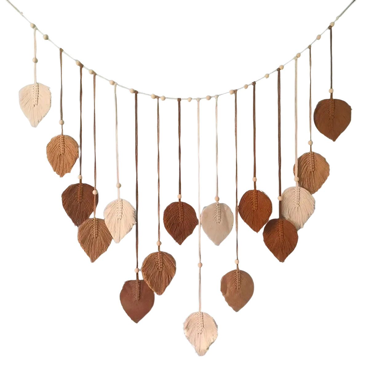 Macrame leaf wall hanging featuring handcrafted earth-toned beige and brown leaves with wooden beads on white string