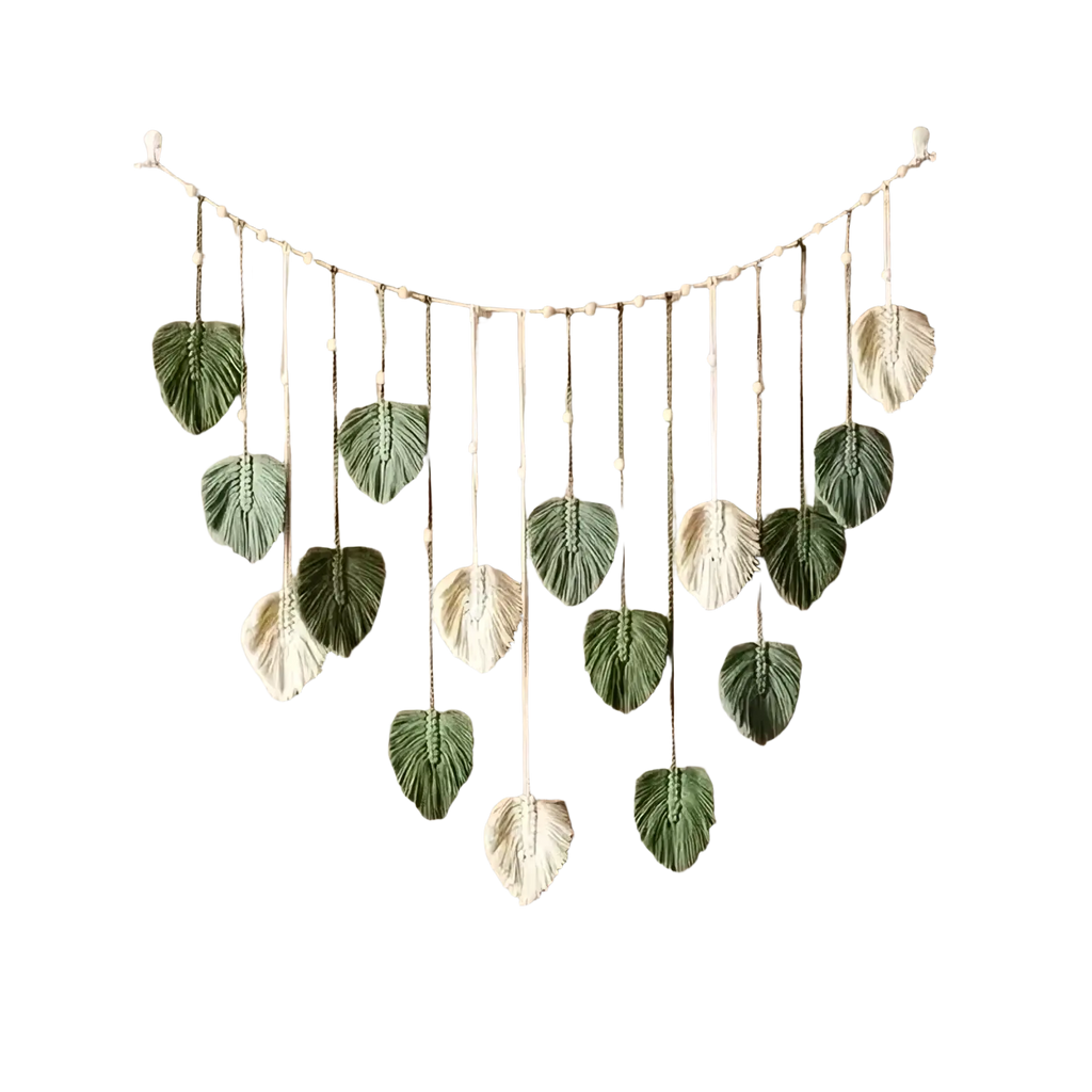 Macrame leaf wall hanging boho decor featuring handcrafted woven leaves in soft green and cream tones on beaded string