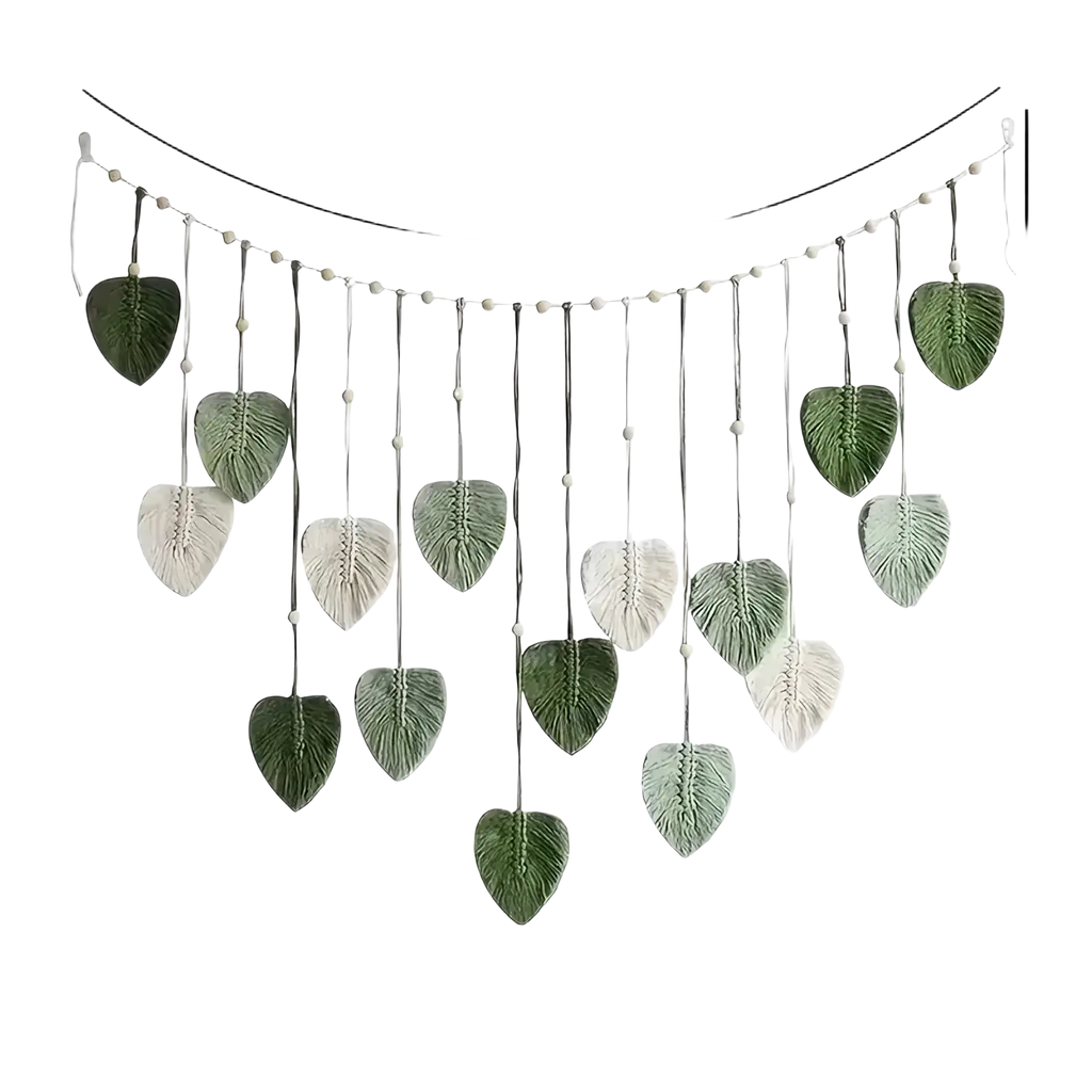 Macrame leaf wall hanging boho decor with handcrafted green and white leaf ornaments suspended on a beaded string