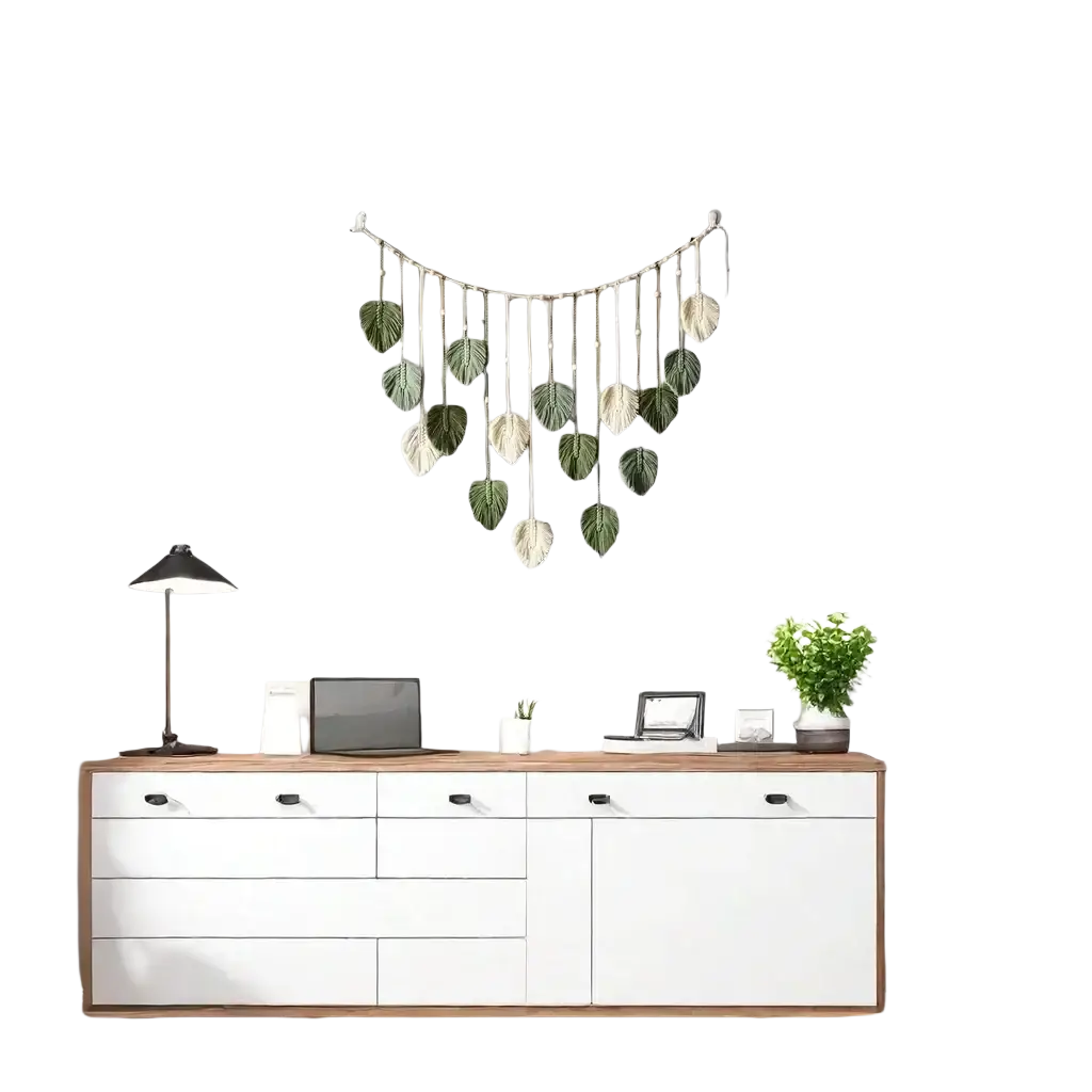 Macrame leaf wall hanging boho decor in green and cream featuring intricate knotting and natural fiber material