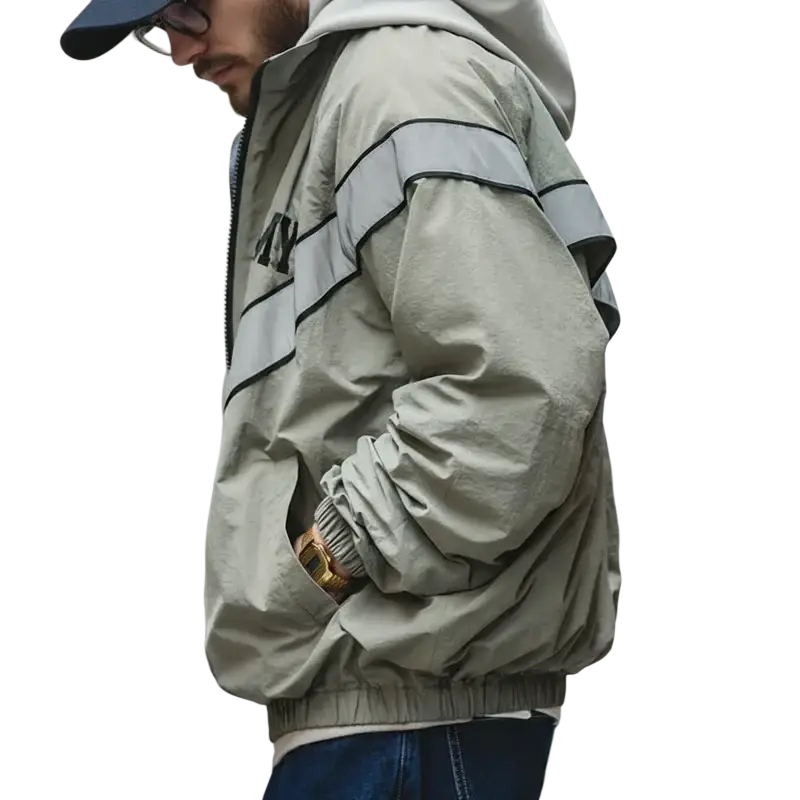 Beige and gray reflective stripe windbreaker jacket with hood from Maden Men vintage skin clothing collection