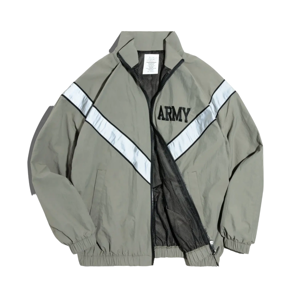 Khaki bomber jacket with reflective white stripes and black army lettering from Maden Men vintage skin clothing collection