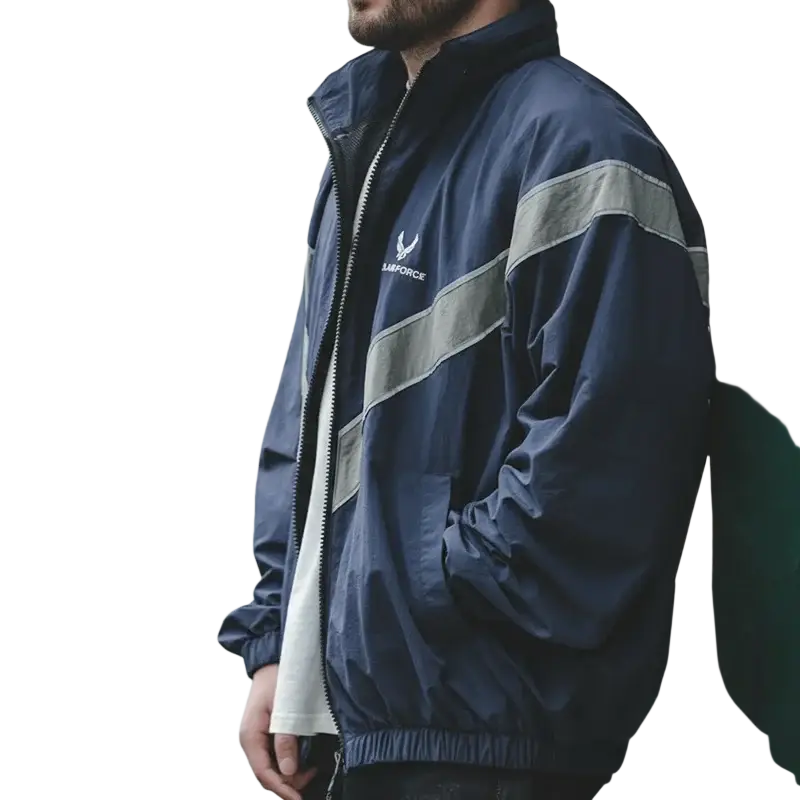 Navy blue maden men vintage windbreaker jacket with reflective gray stripes and white air force logo skin clothing