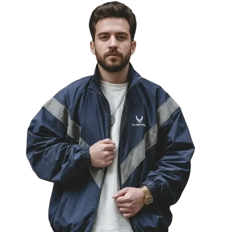 Navy blue and gray diagonal-striped vintage windbreaker with u.s., made with skin clothing material for men