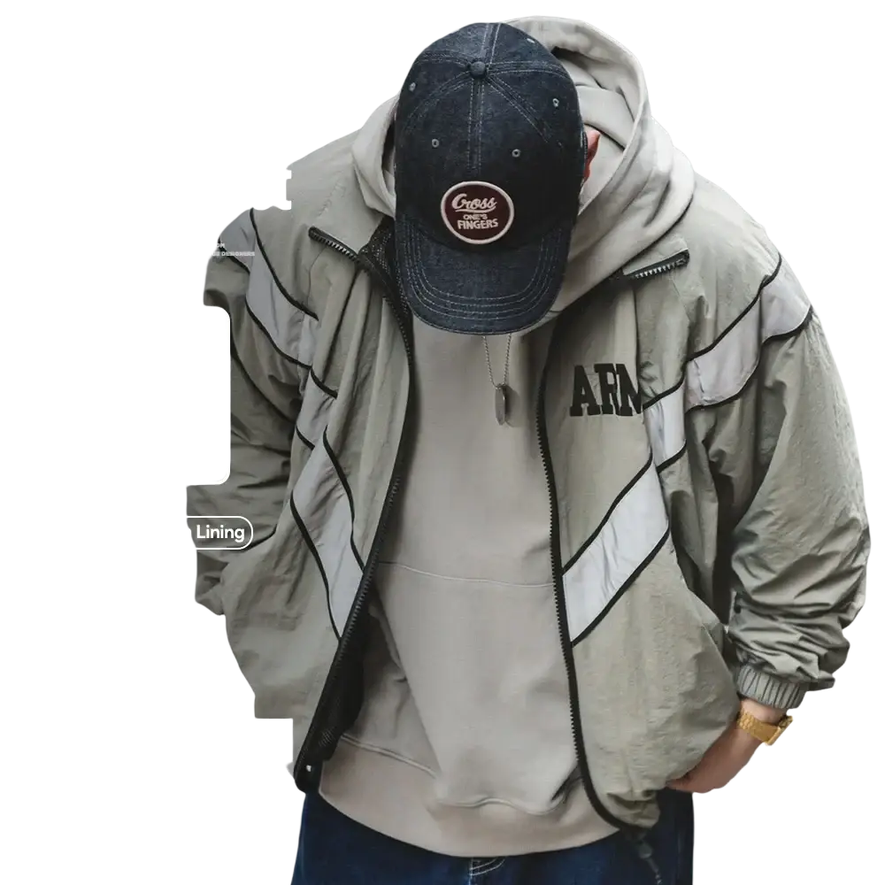 A reflective olive green ipfu jacket with bold white and black diagonal stripes and army lettering from maden men vintage skin clothing
