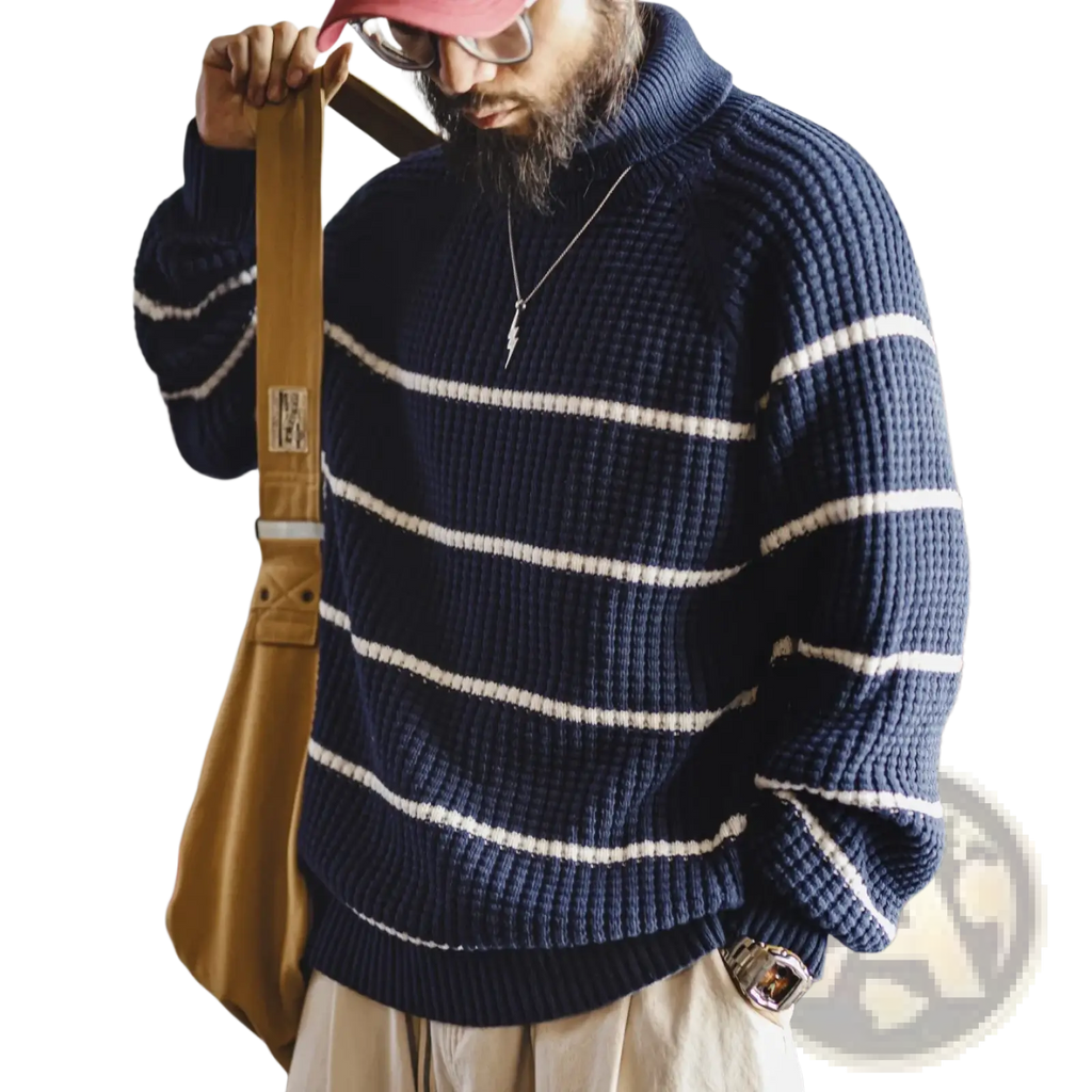 Navy blue ribbed knit sweater with cream horizontal stripes maden striped turtleneck sweater men winter warm knitwear