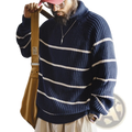 Navy blue ribbed knit sweater with cream horizontal stripes maden striped turtleneck sweater men winter warm knitwear