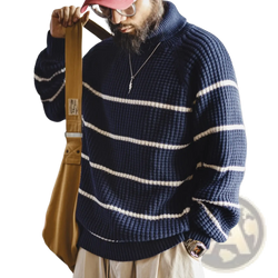 Navy blue ribbed knit sweater with cream horizontal stripes maden striped turtleneck sweater men winter warm knitwear
