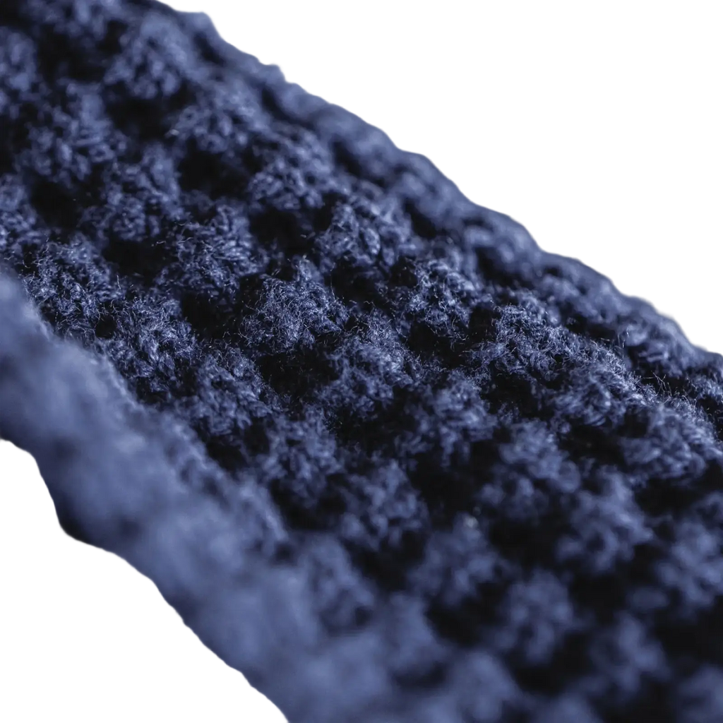 Dark blue knitted fabric with a textured interlocking pattern on maden striped turtleneck sweater men winter warm knitwear