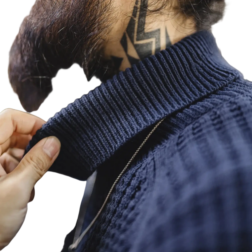 Dark blue ribbed knit collar of maden striped turtleneck sweater for men winter warm knitwear