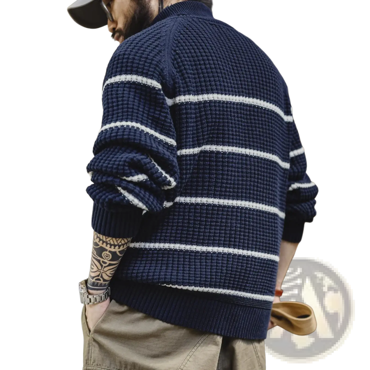 Navy blue and white striped waffle-knit sweater with turtleneck design for men winter warm knitwear