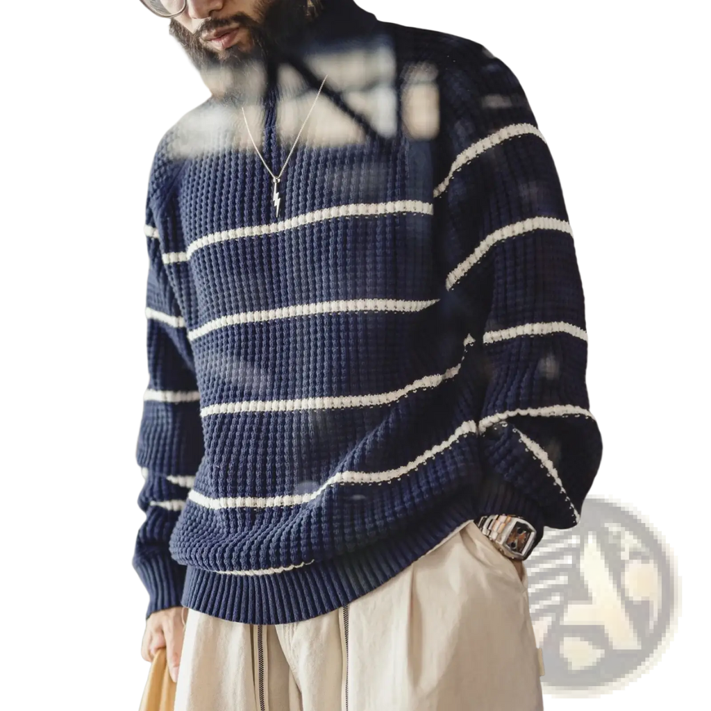Navy blue and white horizontally striped ribbed knit turtleneck sweater for men warm winter knitwear