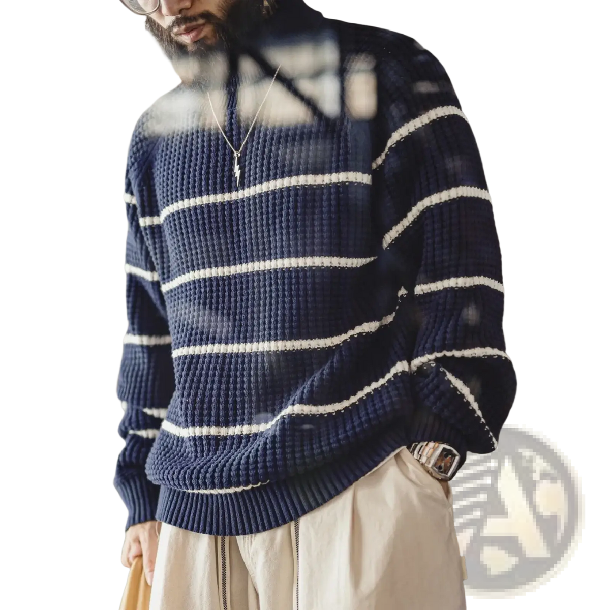 Navy blue and white horizontally striped ribbed knit turtleneck sweater for men warm winter knitwear