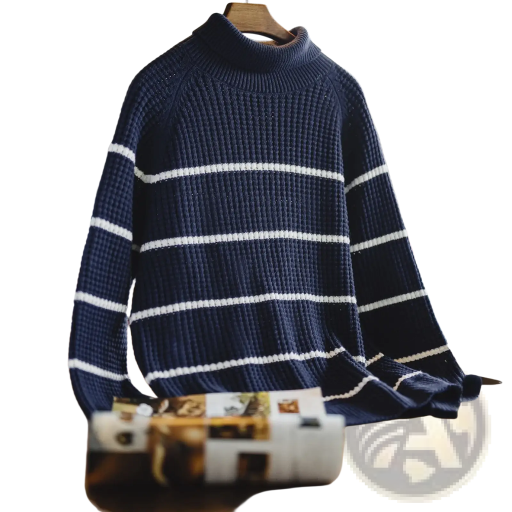 Navy blue and white striped ribbed knit maden turtleneck sweater for men winter warm knitwear front view
