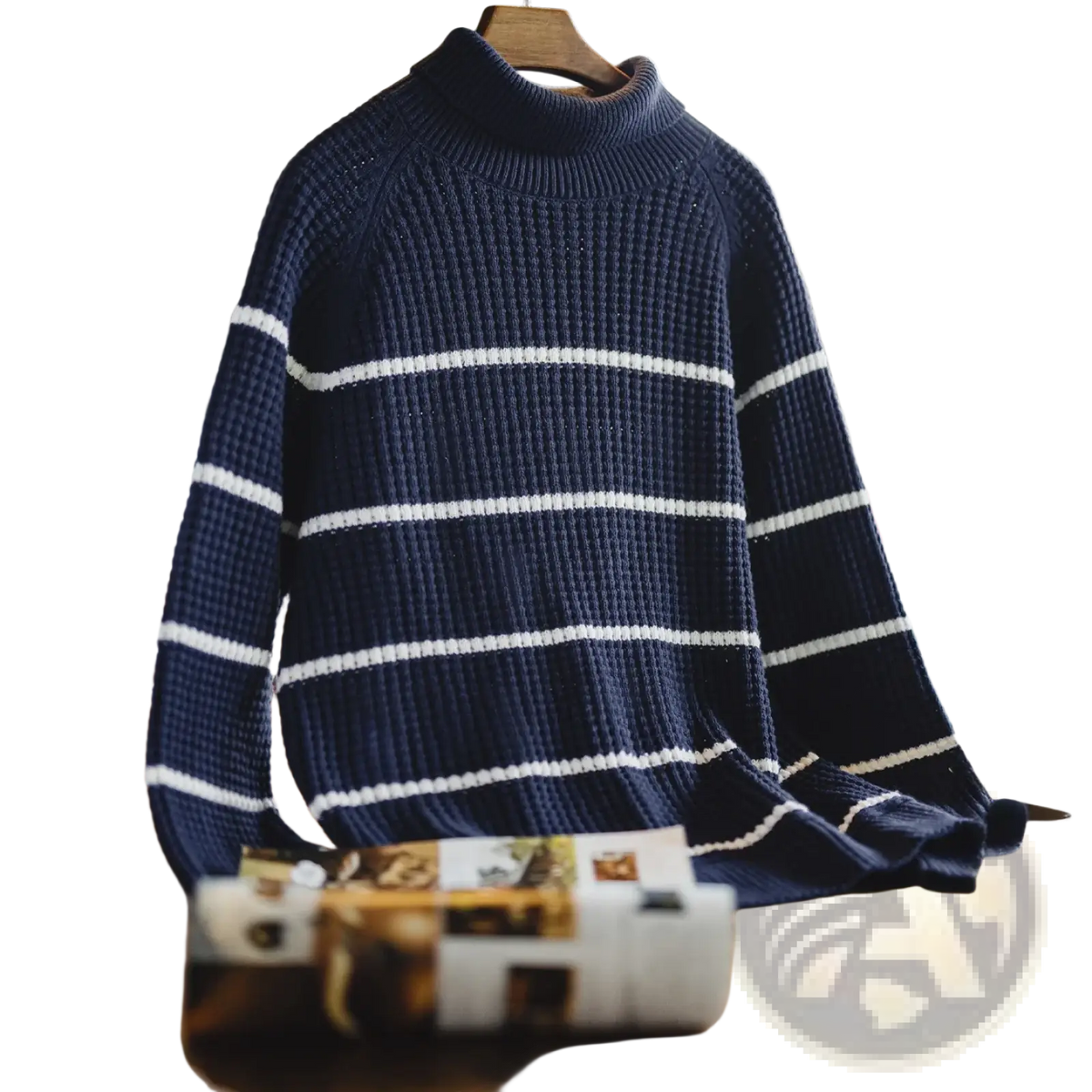 Navy blue and white striped ribbed knit maden turtleneck sweater for men winter warm knitwear front view