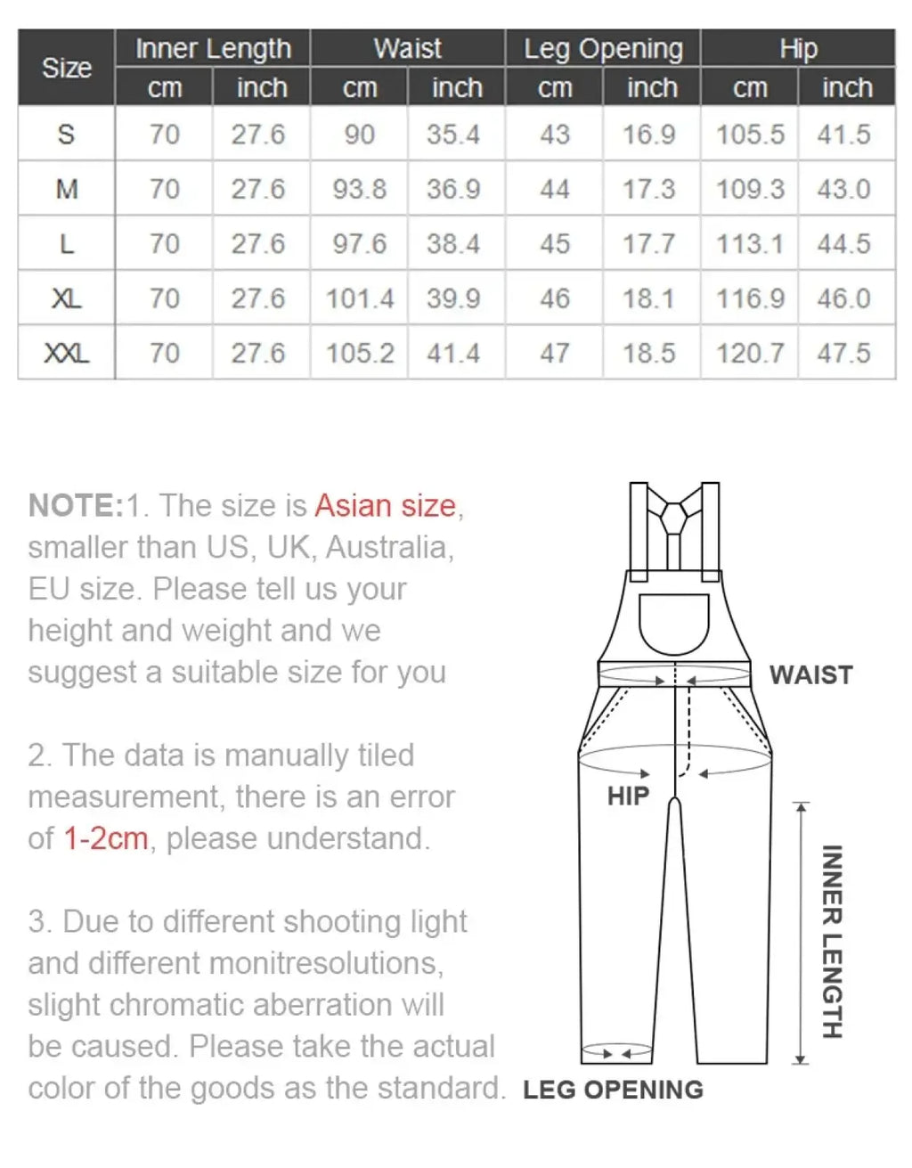 Asian size maden vintage tan canvas workwear overalls with adjustable waistband and leg openings shown in measurement chart