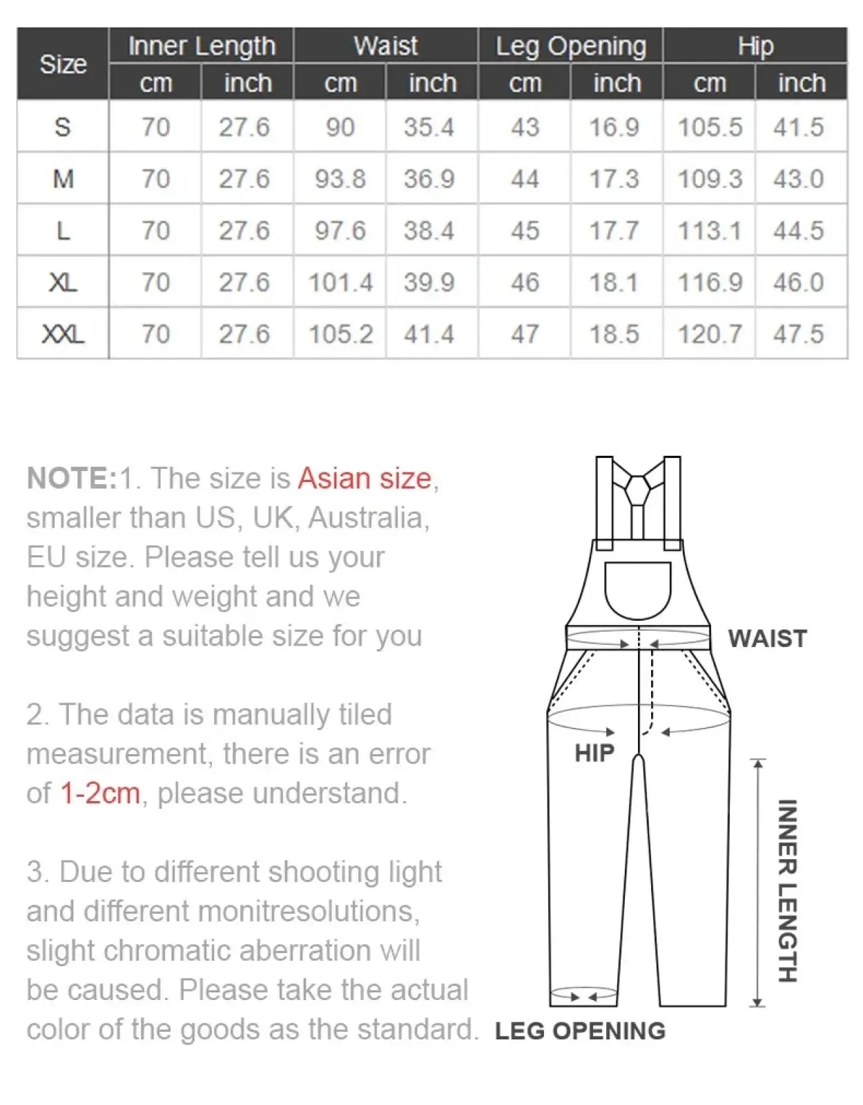 Asian size maden vintage tan canvas workwear overalls with adjustable waistband and leg openings shown in measurement chart