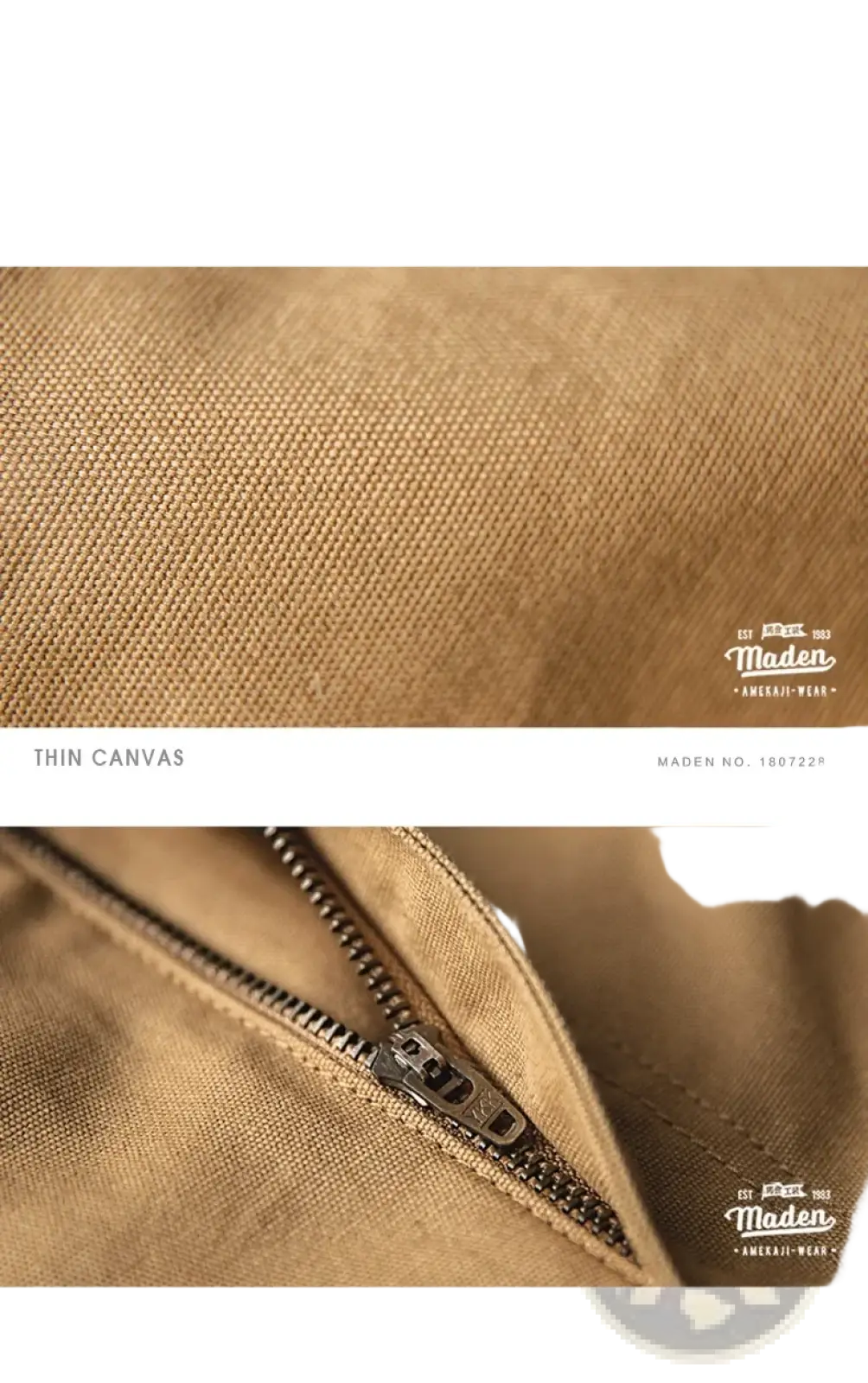 Maden vintage tan canvas workwear overalls featuring a tan thin canvas bag with a YKK zipper