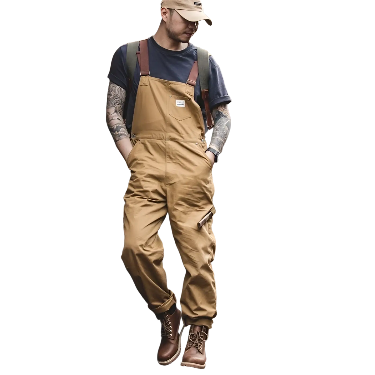Maden Vintage tan canvas workwear overalls with brown leather straps and a small chest brand patch